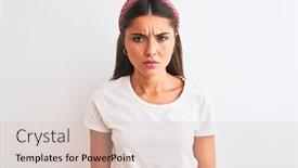  Presentation with upset - Colorful slide deck enhanced with young beautiful woman wearing casual t-shirt and diadem over isolated white background skeptic and nervous frowning upset because of problem negative person backdrop and a lemonade colored foreground