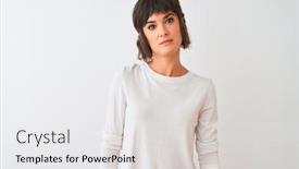  Presentation with simple - PPT theme enhanced with young beautiful woman wearing casual t-shirt standing over isolated white background with serious expression on face simple and natural looking at the camera background and a white colored foreground