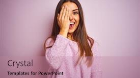  Presentation with woman covering man mouth hand - Colorful presentation enhanced with young beautiful woman wearing casual sweater standing over isolated pink background covering one eye with hand confident smile on face and surprise emotion backdrop and a coral colored foreground