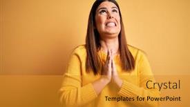  Presentation with praying hands - PPT theme featuring young-beautiful-woman-wearing-casual background and a gold colored foreground