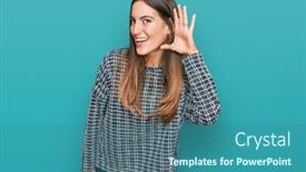  Presentation with hearing - Beautiful PPT theme featuring young-beautiful-woman-wearing-casual backdrop and a ocean colored foreground