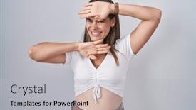  Presentation with cheerful - Slide deck consisting of young-beautiful-woman-wearing-casual background and a light gray colored foreground