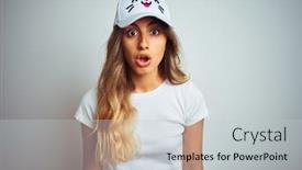  Presentation with cat - Colorful presentation theme enhanced with young-beautiful-woman-wearing-cat backdrop and a light gray colored foreground