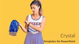  Presentation with late - Amazing slide deck having young-beautiful-woman-wearing-cheerleader backdrop and a yellow colored foreground
