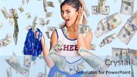  Presentation with listening woman - Slide deck with young-beautiful-woman-wearing-cheerleader background and a light blue colored foreground