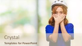  Presentation with cyclist - Cool new presentation theme with young beautiful woman wearing cyclist helmet over isolated background shocked covering mouth with hands for mistake secret concept backdrop and a lemonade colored foreground