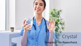  Presentation with doctor helps to get out of bed an elderly woman - Slide deck with young-beautiful-woman-wearing-doctor background and a teal colored foreground