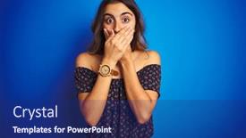  Presentation with blue floral - Beautiful slide set featuring young beautiful woman wearing floral t-shirt over blue isolated background shocked covering mouth with hands for mistake secret concept backdrop and a navy blue colored foreground