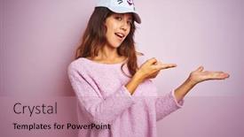  Presentation with pink cat - Amazing PPT theme having young beautiful woman wearing funny cat cap standing over pink isolated background amazed and smiling to the camera while presenting with hand and pointing with finger backdrop and a coral colored foreground