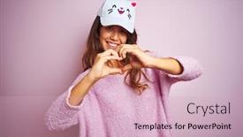  Presentation with pink cat - Audience pleasing presentation theme consisting of young beautiful woman wearing funny cat cap standing over pink isolated background smiling in love showing heart symbol and shape with hands romantic concept backdrop and a soft green colored foreground