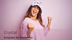  Presentation with pink cat - PPT theme having young beautiful woman wearing funny cat cap standing over pink isolated background very happy and excited doing winner gesture with arms raised smiling and screaming for success celebration concept background and a coral colored foreground