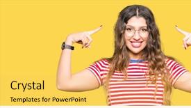  Presentation with great idea - PPT layouts enhanced with young beautiful woman wearing glasses smiling pointing head both hands finger great idea thought good memory background and a yellow colored foreground