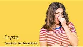  Presentation with breath - Presentation featuring young beautiful woman wearing glasses smelling something stinky and disgusting intolerable smell holding breath with fingers on nose bad smells concept background and a yellow colored foreground