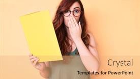  Presentation with book glasses - Presentation design featuring young-beautiful-woman-wearing-glasses background and a coral colored foreground