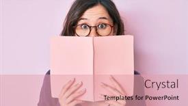  Presentation with book glasses - Cool new PPT layouts with young-beautiful-woman-wearing-glasses backdrop and a coral colored foreground