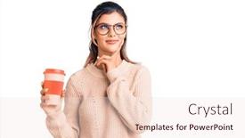  Presentation with takeaway coffee - Amazing slide set having young-beautiful-woman-wearing-glasses backdrop and a lemonade colored foreground