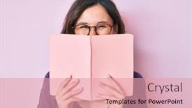  Presentation with book glasses - Slide set consisting of young-beautiful-woman-wearing-glasses background and a coral colored foreground