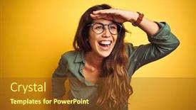  Presentation with young grey maine coon cat - Beautiful slide set featuring young beautiful woman wearing green shirt and glasses over yelllow isolated background very happy and smiling looking far away with hand over head searching concept backdrop and a tawny brown colored foreground