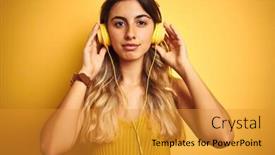  Presentation with headphones - PPT theme having young beautiful woman wearing headphones over yellow isolated background with a confident expression on smart face thinking serious background and a gold colored foreground