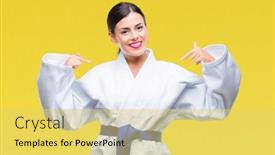  Presentation with kimono - Slide deck enhanced with young beautiful woman wearing karate kimono uniform over isolated background looking confident with smile on face pointing oneself with fingers proud and happy background and a yellow colored foreground