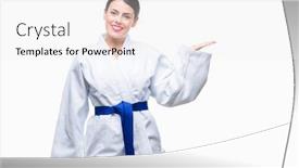  Presentation with kimono - PPT theme consisting of young beautiful woman wearing karate kimono uniform over isolated background smiling cheerful presenting and pointing with palm of hand looking at the camera background and a white colored foreground