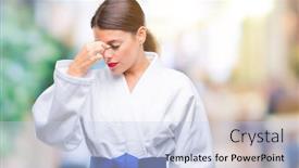  Presentation with kimono - Cool new presentation theme with young beautiful woman wearing karate kimono uniform over isolated background tired rubbing nose and eyes feeling fatigue and headache stress and frustration concept backdrop and a sky blue colored foreground