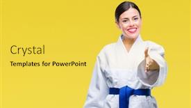  Presentation with kimono - Amazing PPT layouts having young beautiful woman wearing karate kimono uniform over isolated background smiling friendly offering handshake as greeting and welcoming successful business backdrop and a yellow colored foreground