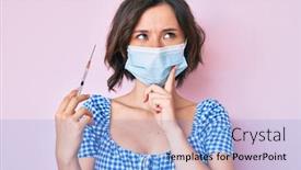  Presentation with medical face mask - Theme with young-beautiful-woman-wearing-medical background and a light blue colored foreground