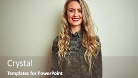  Presentation with military - Beautiful slide deck featuring young beautiful woman wearing military camouflage shirt over white isolated background with a happy and cool smile on face lucky person backdrop and a tawny brown colored foreground
