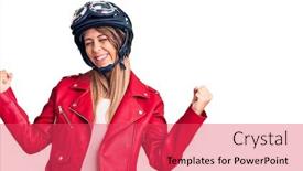  Presentation with motorcycle - Beautiful theme featuring young-beautiful-woman-wearing-motorcycle backdrop and a red colored foreground