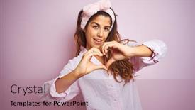  Presentation with pajama - Slide set consisting of young beautiful woman wearing pajama standing over pink isolated background smiling in love showing heart symbol and shape with hands romantic concept background and a coral colored foreground