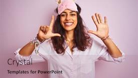  Presentation with pajama - Cool new slide deck with young beautiful woman wearing pajama and sleep mask over isolated pink background showing and pointing up with fingers number seven while smiling confident and happy backdrop and a coral colored foreground