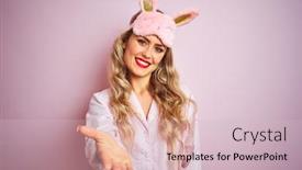  Presentation with business pink - Cool new PPT layouts with young beautiful woman wearing pajama and sleep mask over pink isolated background smiling friendly offering handshake as greeting and welcoming successful business backdrop and a lemonade colored foreground