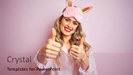  Presentation with pajama - Audience pleasing presentation consisting of young beautiful woman wearing pajama and sleep mask over pink isolated background approving doing positive gesture with hand thumbs up smiling and happy for success winner gesture backdrop and a coral colored foreground
