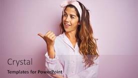  Presentation with pajama - Presentation theme consisting of young beautiful woman wearing pajama standing over pink isolated background smiling with happy face looking and pointing to the side with thumb up background and a coral colored foreground