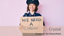  Presentation with change - PPT theme featuring young-beautiful-woman-wearing-police background and a lemonade colored foreground