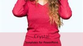  Presentation with noise - Cool new slide deck with young beautiful woman wearing red sweater covering ears with fingers with annoyed expression for the noise of loud music deaf concept backdrop and a red colored foreground