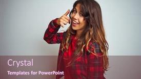  Presentation with red telephone - Slide set enhanced with young beautiful woman wearing red t-shirt and jacket standing over white isolated background smiling doing phone gesture with hand and fingers like talking on the telephone communicating concepts background and a tawny brown colored foreground