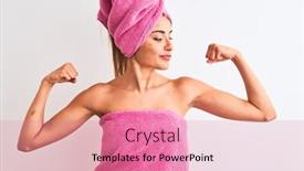  Presentation with fitness - Beautiful slide deck featuring young beautiful woman wearing shower towel after bath over isolated white background showing arms muscles smiling proud fitness concept backdrop and a coral colored foreground