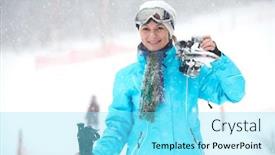  Presentation with ski - Colorful presentation theme enhanced with young beautiful woman wearing ski glasses outdoor backdrop and a arctic colored foreground