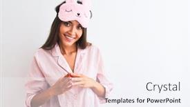  Presentation with optimistic - Slide set having young beautiful woman wearing sleep mask and pajama over isolated white background hands together and fingers crossed smiling relaxed and cheerful success and optimistic background and a sky blue colored foreground