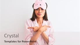  Presentation with pajama - Colorful PPT layouts enhanced with young beautiful woman wearing sleep mask and pajama over isolated white background pointing to both sides with fingers different direction disagree backdrop and a lemonade colored foreground
