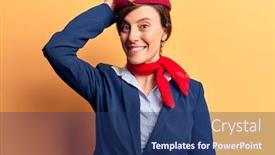  Presentation with thinking - PPT theme with young-beautiful-woman-wearing-stewardess background and a ocean colored foreground