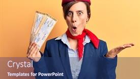  Presentation with mouth - Amazing PPT theme having young-beautiful-woman-wearing-stewardess backdrop and a ocean colored foreground