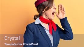  Presentation with communication - Presentation design consisting of young-beautiful-woman-wearing-stewardess background and a ocean colored foreground