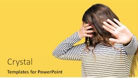  Presentation with sad woman - Cool new slide deck with young-beautiful-woman-wearing-stripes backdrop and a yellow colored foreground