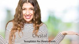  Presentation with woman hands open - Colorful presentation theme enhanced with young beautiful woman wearing stripes sweater smiling showing both hands open palms presenting and advertising comparison and balance backdrop and a mint green colored foreground