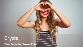  Presentation with shape - Beautiful slide deck featuring young beautiful woman wearing stripes t-shirt standing over white isolated background doing heart shape with hand and fingers smiling looking through sign backdrop and a gray colored foreground