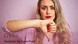  Presentation with negative - Beautiful slide set featuring young beautiful woman wearing sweater standing over pink isolated background with angry face negative sign showing dislike with thumbs down rejection concept backdrop and a coral colored foreground