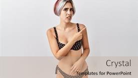  Presentation with forefinger - Slide set enhanced with young-beautiful-woman-wearing-swimsuit background and a coral colored foreground